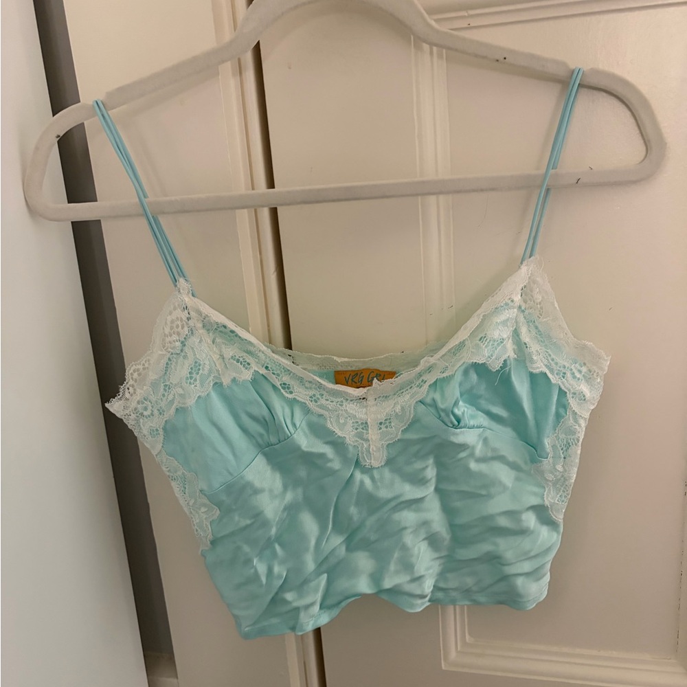 Silky Lace Trim Cami Top - Light Aqua
